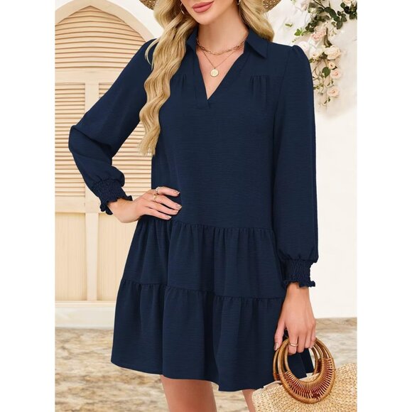 Long Sleeve Midi Dress Polyester Pleated A-Line Casual for Women - Picture 2 of 6
